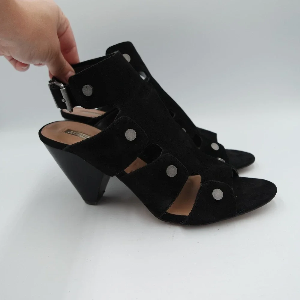 Audrey Brooke Katy Womens Black Suede Studded Cage Cone Heel Sandals Size 7.5